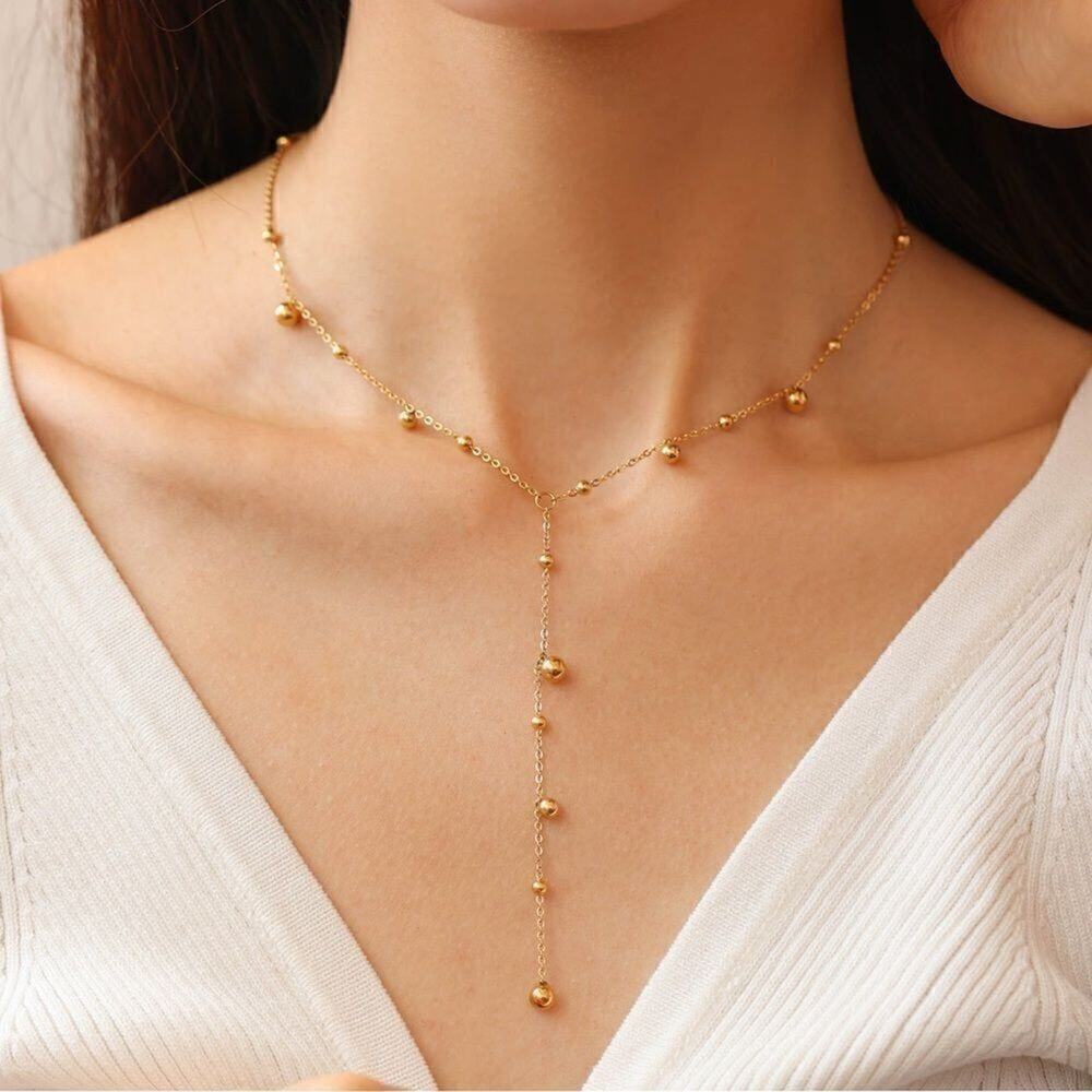 18K Gold Plated Dainty Beaded Y Lariat Necklace - Picture 4 of 11